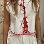 Sunny Day Linen Blend Contrast Embroidered Print Scallop Trim Lace-up Top