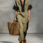Women's Minimalist Linen Blend Color-blocked Short-sleeved Maxi Dress