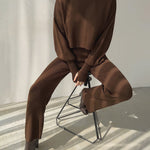 Women's Knitted Two Pieces Sets Turtleneck Cropped Sweater with High-waisted Flared Pants