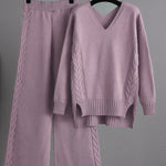 Stylish Loose Long Sleeves Solid Color V-Neck Sweater Tops& Wide Leg Pants Two Pieces Set