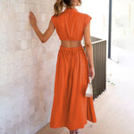 Stand Collar Solid Color Hollow Waist Long Dress