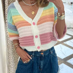 V Neck Button Up Striped Ribbed Knit Sweater