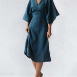 Nadorine Women's Casual Solid V-Neck Half Sleeve Split Hem Strap Dress with Belt
