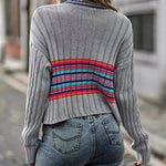 Striped Contrast V-Neck Dropped Shoulder Sweater
