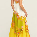 Linen Blend Contrast Floral Print back smocked Pocket Maxi Dress