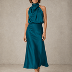 Sabine | Teal Satin Draped Halter-Neck Midi Dress