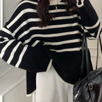 Round Neck Striped Sweater Top Loose Side Slit Pullover Sweater