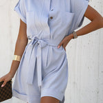 Single-breasted Jumpsuit with Large Pockets Solid Color Shorts Jumpsuits