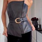 Fashionable and Avant-garde Faux Leather Belted Strapless Asymmetric Top