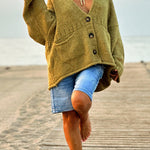Solid Color Loose Long Sleeve V-neck Pocket Knitted Sweater Cardigan