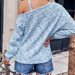 Slash Neck Strap Solid Color Knit Loose Top Pullover
