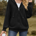 V-Neck Zipper Closure Solid Color Long Loose Hoodie Jacket