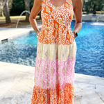 Orange Knotted Straps Leopard Colorblock Tiered Dress