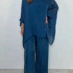 Solid Color Round Neck Loose Bat Sleeve Top and Elastic Waist Wide Leg Pants Set
