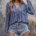 Nadorine Pullover Shirts Long Sleeves Striped Tops Casual V Neck Button Down Blouses