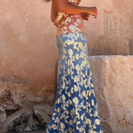 Tie Dye Ombre Gold Floral Print Sexy Strappy Maxi Dress