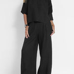 Linen Blend Solid Color Casual Round Neck Top and Loose Wide-leg Pants Set