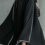 Women's Black Stitching White Trim High Collar Long Sleeve Tight Belt Maxi Dress