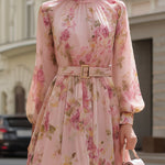 Romantic Blush Floral Chiffon Midi Dress