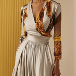 Long Sleeves Loose Floral Printed Pleated Split-Joint V-Neck Jumpsuits