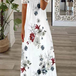 Boho Floral V Neck Button Lace Sleeve Holiday Beach Maxi Dress