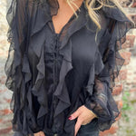 Solid Color Chiffon Ruffled V-neck Patchwork Top