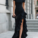 Asymmetric One-Shoulder Ruffle Slit Evening Dress
