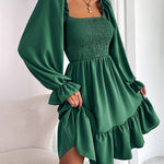 Square Neck Long Sleeve Shirred Ruffle Hem Dresses High Waist A Line Knee Length Elegant Mini Dress