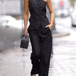 Nadorine Casual Two Pieces Sets One-Shoulder Sleeveless Slim-Fit Top and High-Waisted Straight Leg Pants