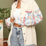 Frayed Denim Jacket Vintage Boho Tribal Button Down Patchwork Shirt Shacket