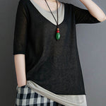 Artistic False Two Loose Ramie Cotton Half Sleeve Shirt