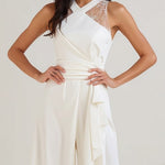 White Cross-Neck Lace Panel Wide-Leg Jumpsuit With Tie Waist