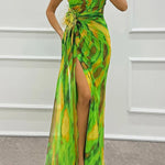 Amazing Views Watercolor Print Feather Rose Detail Off Shoulder Pleated Slit Maxi Dress