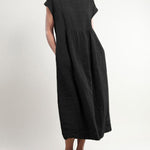 Nadorine Women's Casual Solid Linen Crew Neck Maxi Smock Dress Loose Baggy Ruffle Long Dresses with Pockets