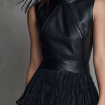 Chic Black Eco Leather & Pleated Chiffon Tiered Skirt Mini Dress
