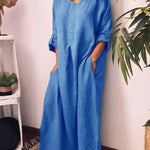 Long Sleeve Solid Color Plus Size Loose Fit Maxi Cotton Linen Dress Round Neck Button Up Dresses with Pocket