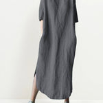 Loose O-Neck Casual Baggy Pockets Short Sleeve Split Long Dress