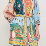 Linen Blend Unique Print Balloon Sleeve Belted Pocket Shirt Mini Dress
