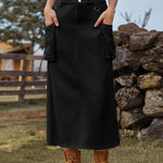 Nadorine Women's Casual High Waist Denim Midi Skirt Drawstring Adjustable Long Jeans Skirt with Pockets