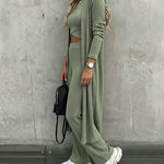 Women's 3 Piece Knit Set Long Cardigan Criss Cross Crop Tank Top and Wide Leg Pants Casual Ribbed Brushed Lounge Set