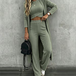 Women's 3 Piece Knit Set Long Cardigan Criss Cross Crop Tank Top and Wide Leg Pants Casual Ribbed Brushed Lounge Set