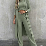 Women's 3 Piece Knit Set Long Cardigan Criss Cross Crop Tank Top and Wide Leg Pants Casual Ribbed Brushed Lounge Set