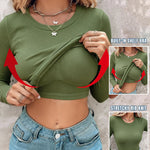 Women's Crewneck Long Sleeve Ribbed Knit Top Slim Fit Base Layer Shirt Soft Stretchy Casual Tee with Built-in Bra