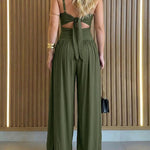 CHICME Women's Cut-out Waist Cami Jumpsuit Backless Tie-Back Lantern Romper Ruched High Waist Summer Jumpsuit