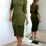 Women's 2 Piece Set Mesh Ruched Midi Dress Puff Sleeve Button Down Sheer Overlay Bodycon Dress with Camisole Slip Dress