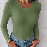 Women's Crewneck Long Sleeve Ribbed Knit Top Slim Fit Base Layer Shirt Soft Stretchy Casual Tee with Built-in Bra