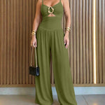 Women's Gold Ring Hollow Out Wide Leg Jumpsuit Backless Adjustable Strap Romper Elegant Party Jumpsuit