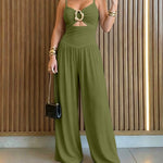 Women's Gold Ring Hollow Out Wide Leg Jumpsuit Backless Adjustable Strap Romper Elegant Party Jumpsuit