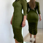 Women's 2 Piece Set Mesh Ruched Midi Dress Puff Sleeve Button Down Sheer Overlay Bodycon Dress with Camisole Slip Dress