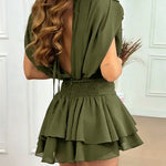 Women's Backless Ruffle Hem Skorts Romper Elegant Tie Back Shirred Pleated Jumpsuit